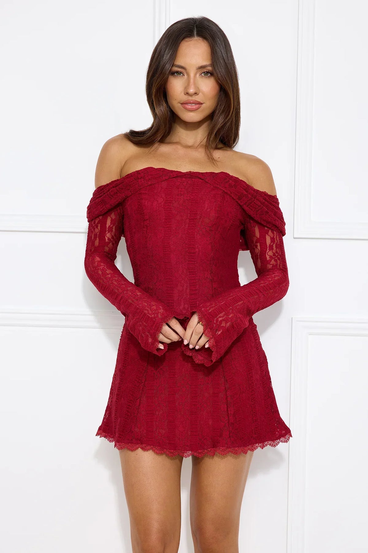 Secret Smile Lace Off Shoulder Mini Dress Burgundy