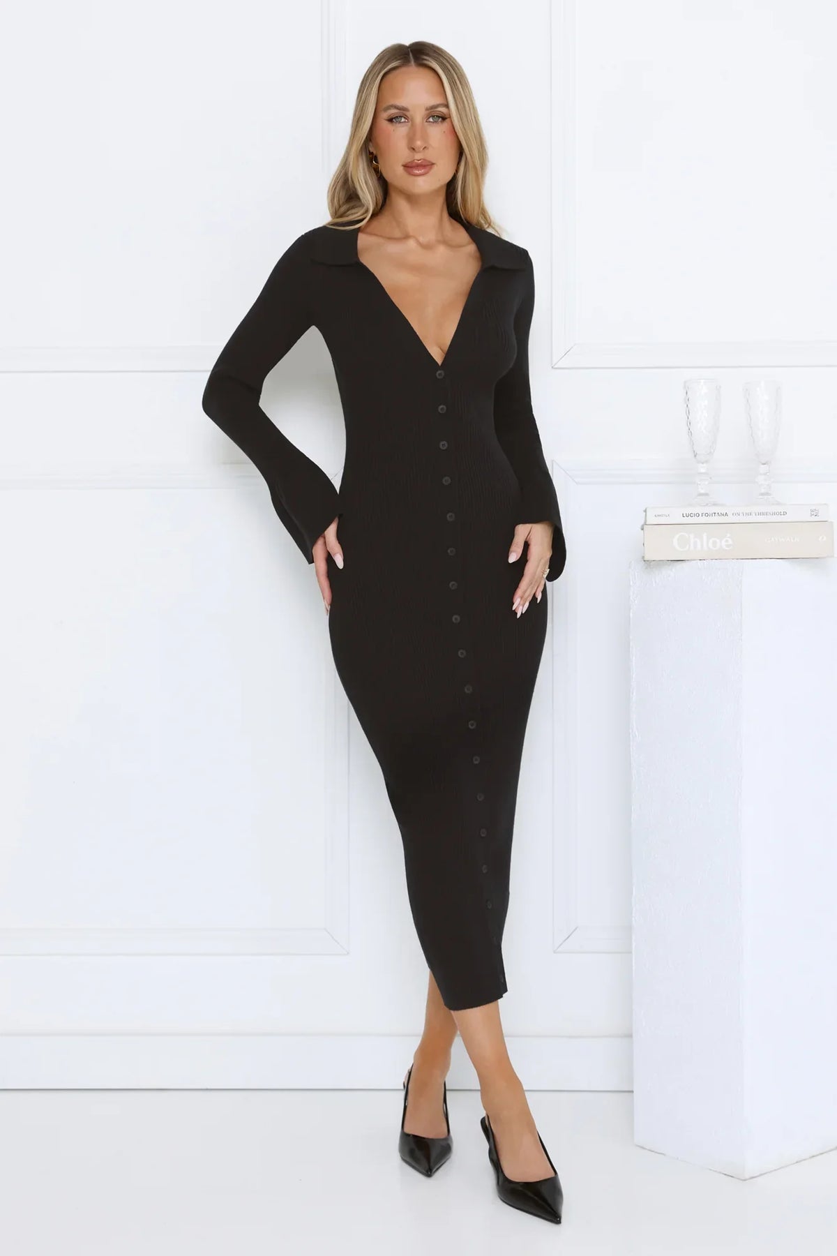 Snow Kiss Soirée Ribbed Midi Dress Black