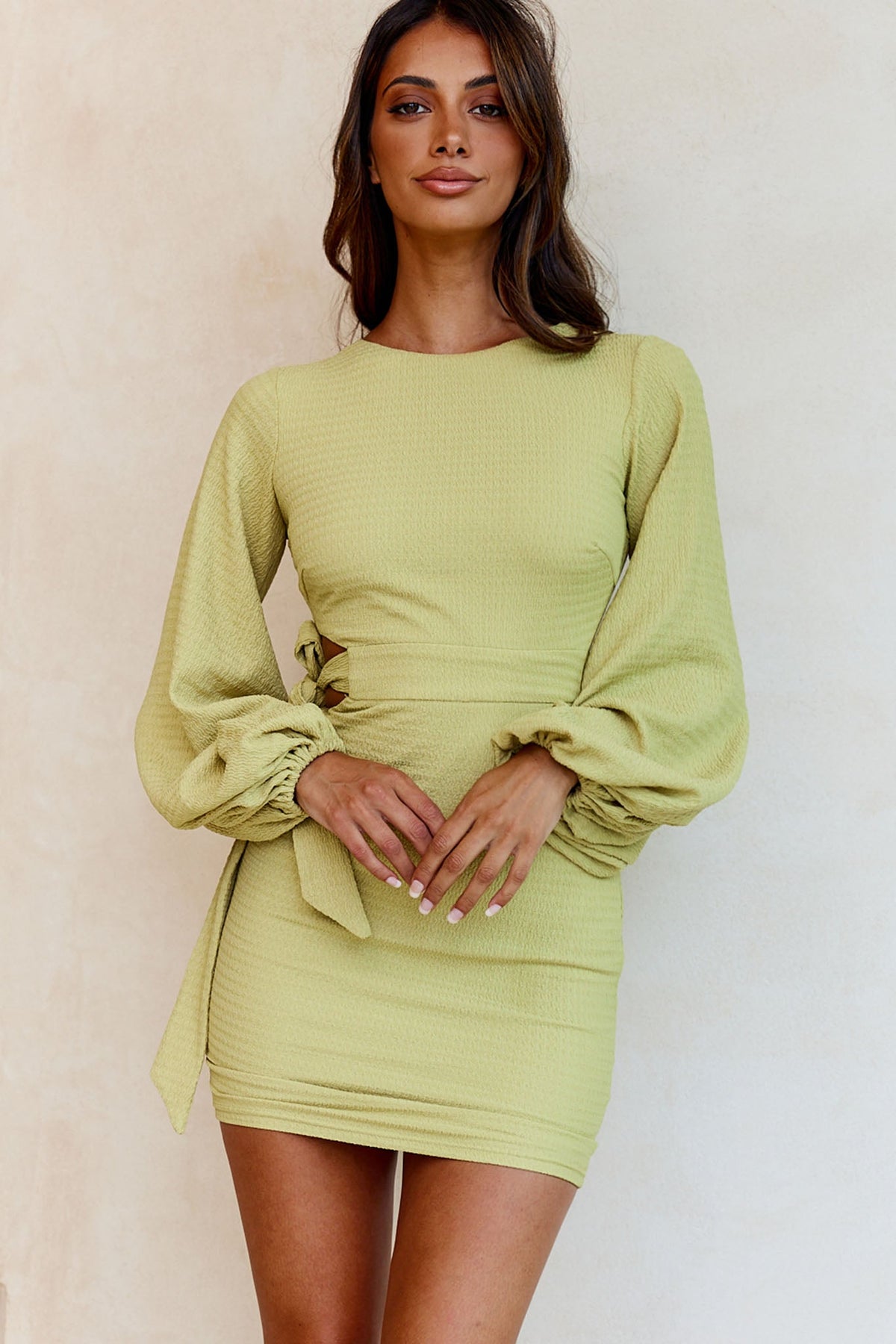 Talk Of The Town Long Lantern Sleeve Side Tie Bodycon Dress Olive
