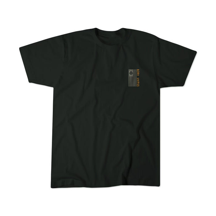 Born United Private Labels Warrior Spirit is a black T-shirt with a small, contrasting bright design on the upper left chest featuring an abstract symbol and vertical text reading San Mateo, evoking a warriors spirit.