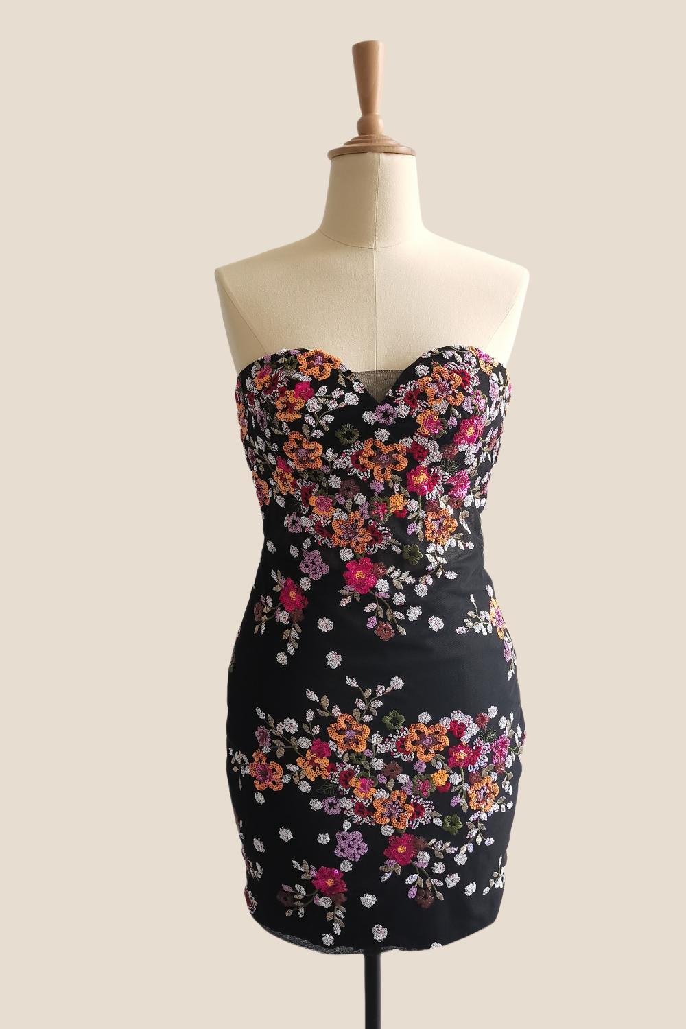 Strapless Black Floral Sequin Tight Short Party Dress