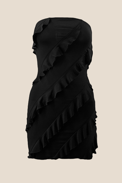 Strapless Black Ruffled Bodycon Short Dress