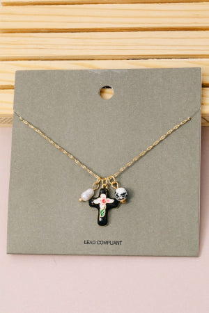Enamel Cross and Ceramic Floral Necklace