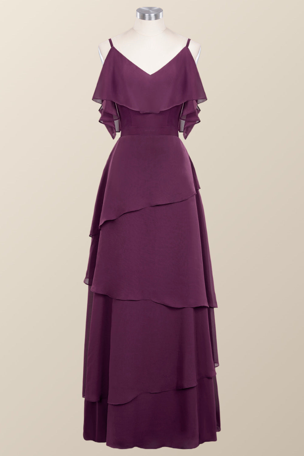 Straps Grape Chiffon Tiered Ruffle Bridesmaid Dress