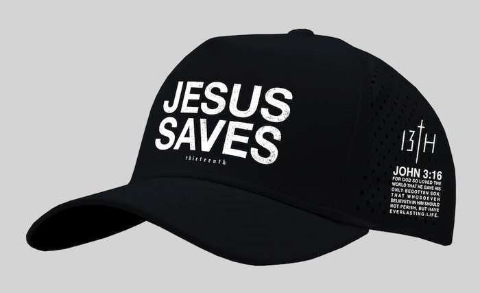The Jesus Saves Black Snapback by 13th features "JESUS SAVES" in bold white letters on the front, "JOHN 3:16" with its verse on the side, and a church steeple-inspired 13th logo.