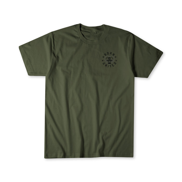 Operation Warm Heart - Olive: Short-sleeve olive T-shirt by Born United Private Label, featuring a small black circular "BORN UNITED" logo with a hand holding a leaf on the left chest. Displayed on a white background.