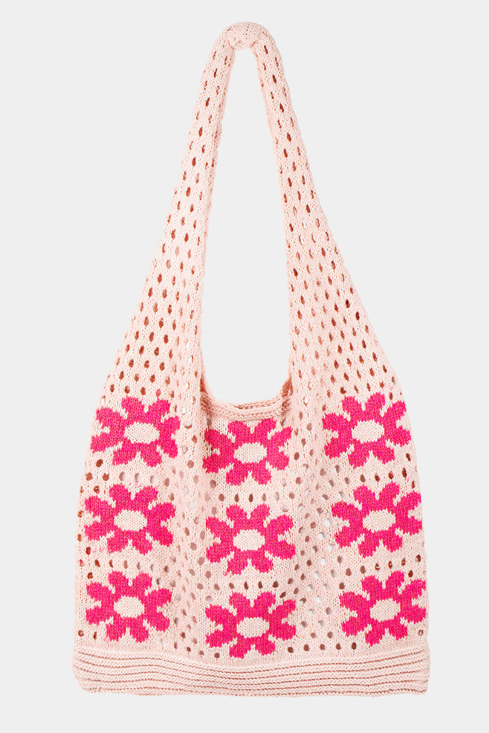 Pink Daisy Knit Crochet Tote Bag
