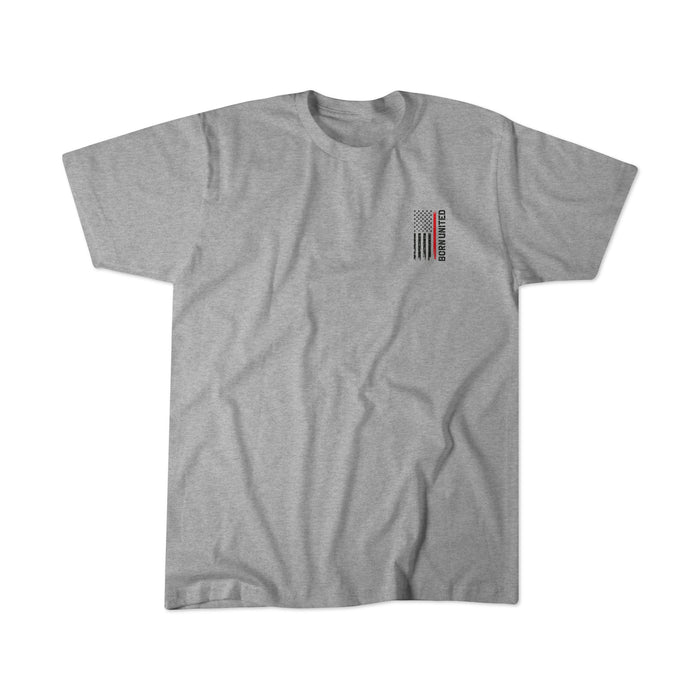 The Red Line Flag Tee by Born United Private Label is a heather gray shirt featuring a small American flag and OPERATION printed vertically on the left chest, laid flat on a white background.