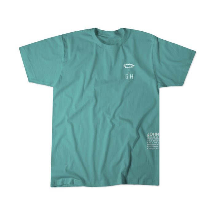 The Youth Jesus Saves Seafoam Tee by 13th features small white graphics and text with “13:1H” on the left chest and “JOHN” with more text on the lower right, making it the perfect Christian T-shirt for youth.