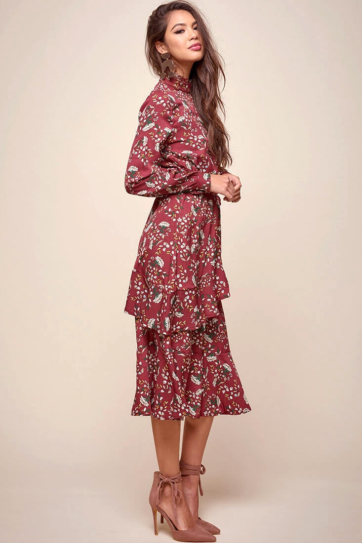 Jackson Waist Tie Bell Sleeve Dress Red Wine