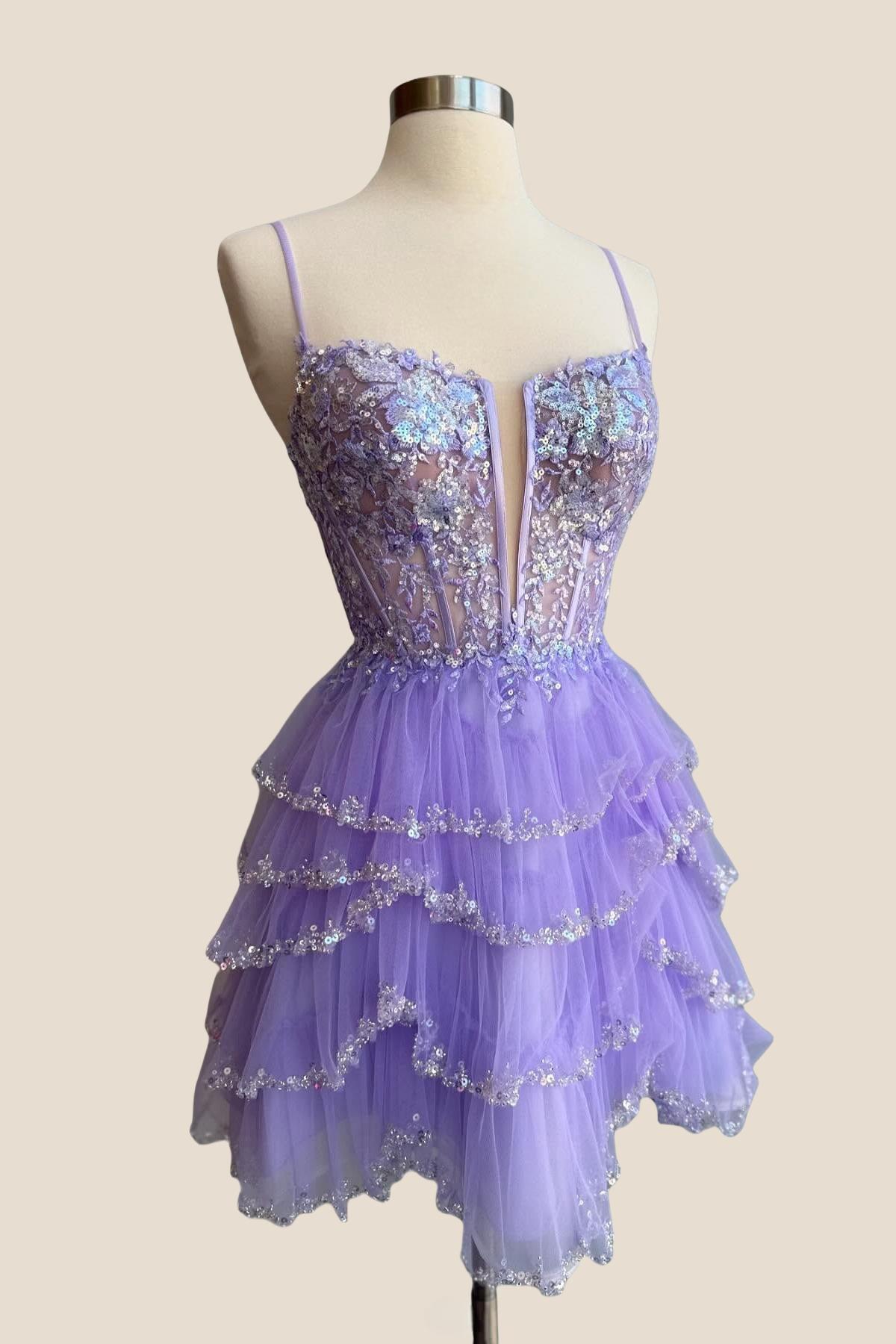 Straps Purple A-line Short Beaded Ruffle Princess Dress