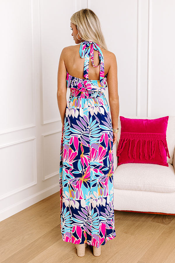 Palm Tree Oasis Halter Maxi Dress