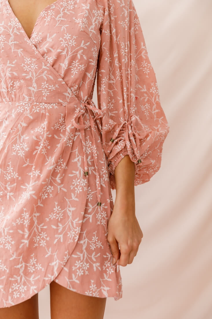 Mindy Gathered Cuff Wrap Dress Rose