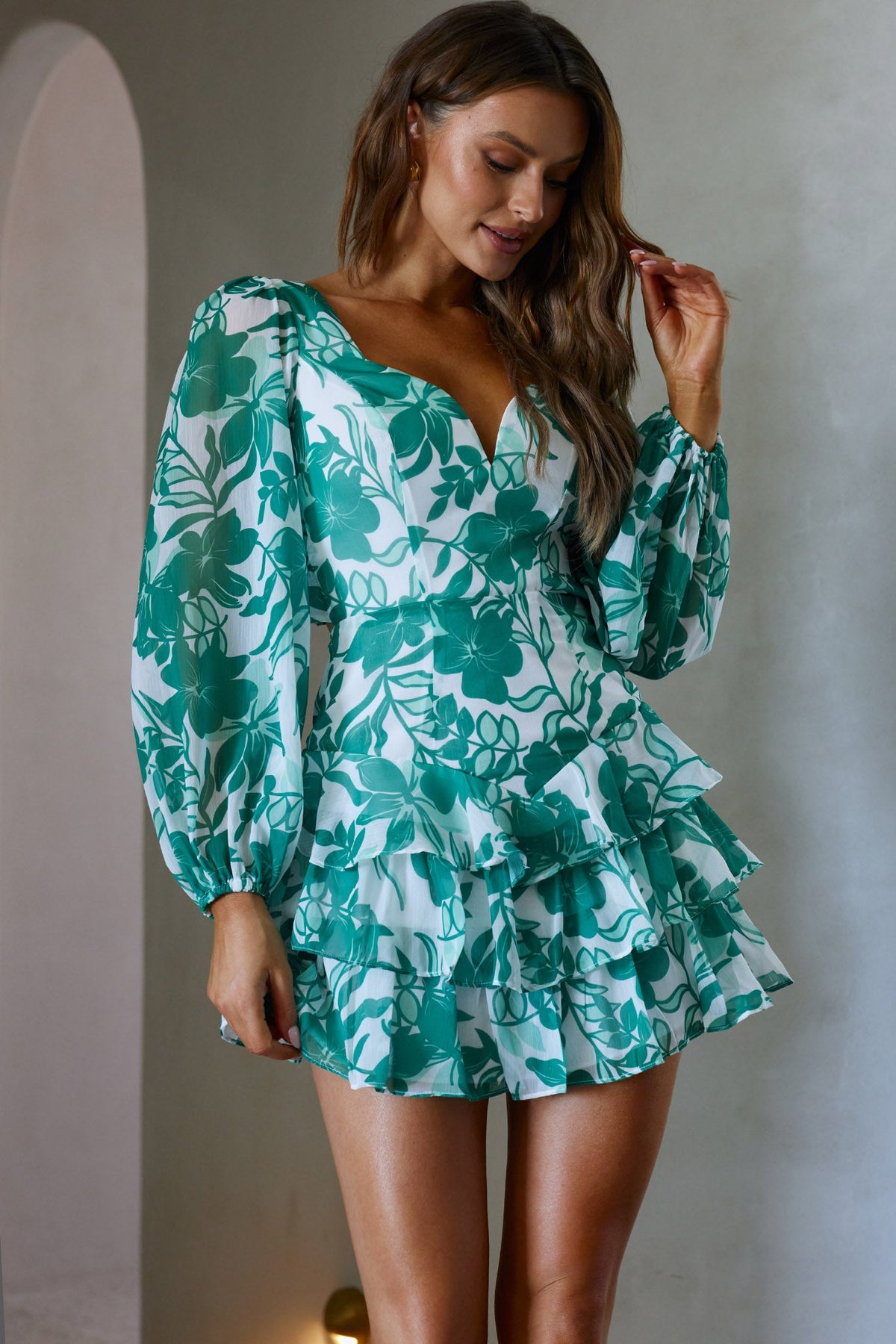 Romance Novel Long Sleeve Tied Back Floral Dress Green