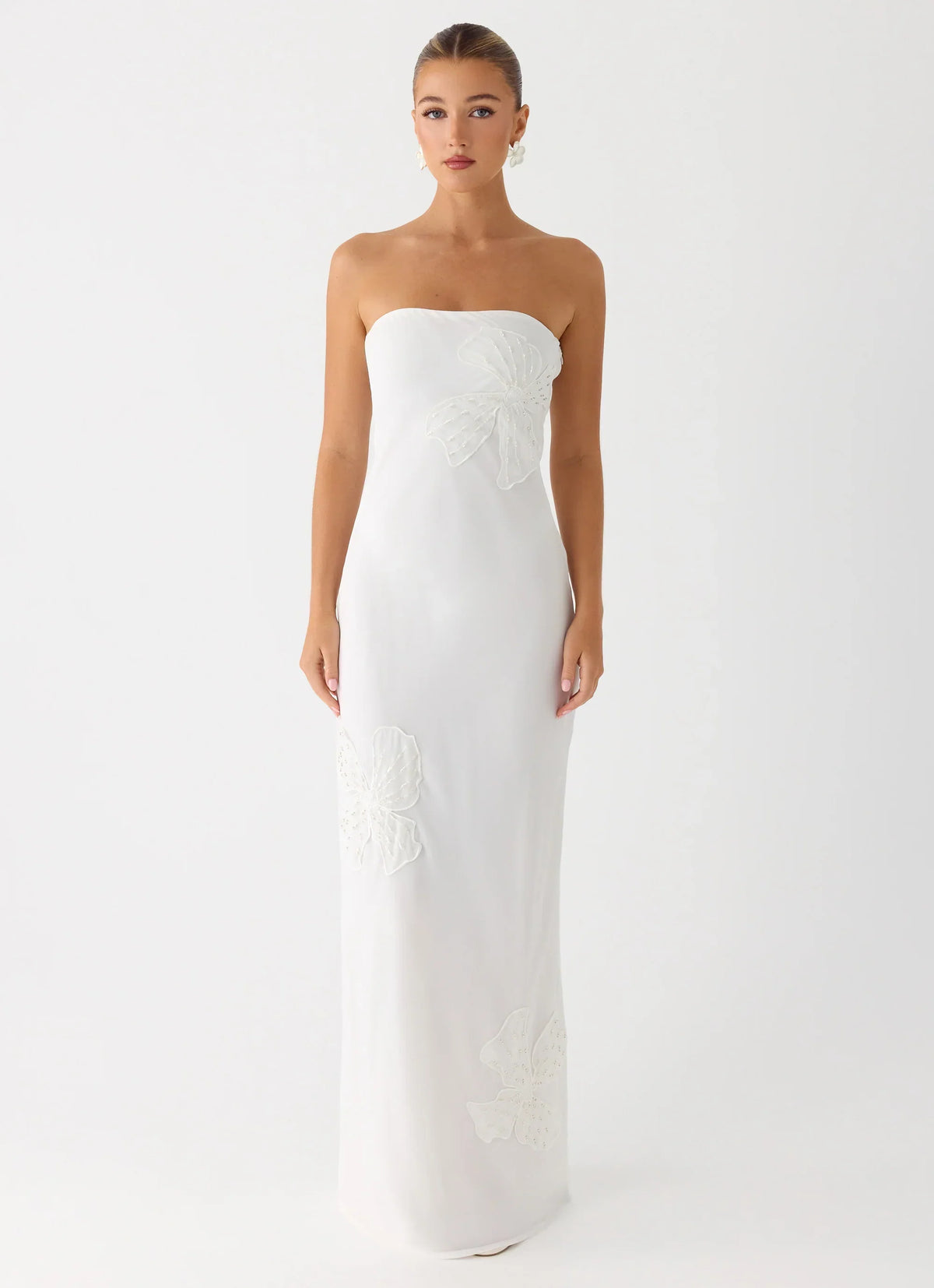 Sassafras Beaded Flower Strapless Maxi Dress - White