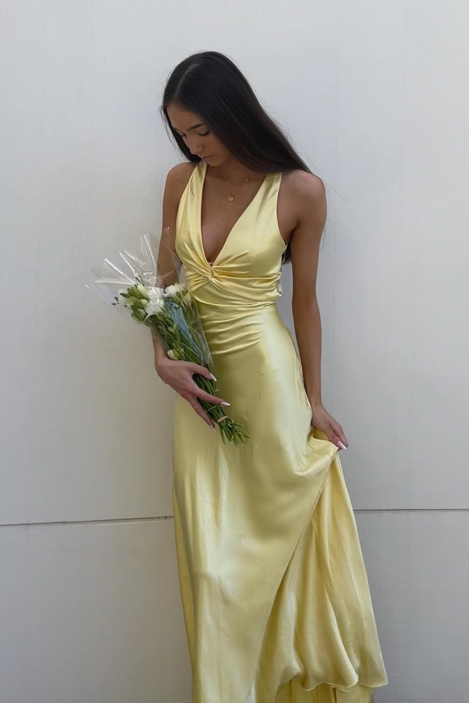 Twist V-neck Yellow Open Back Sheath Long Dress