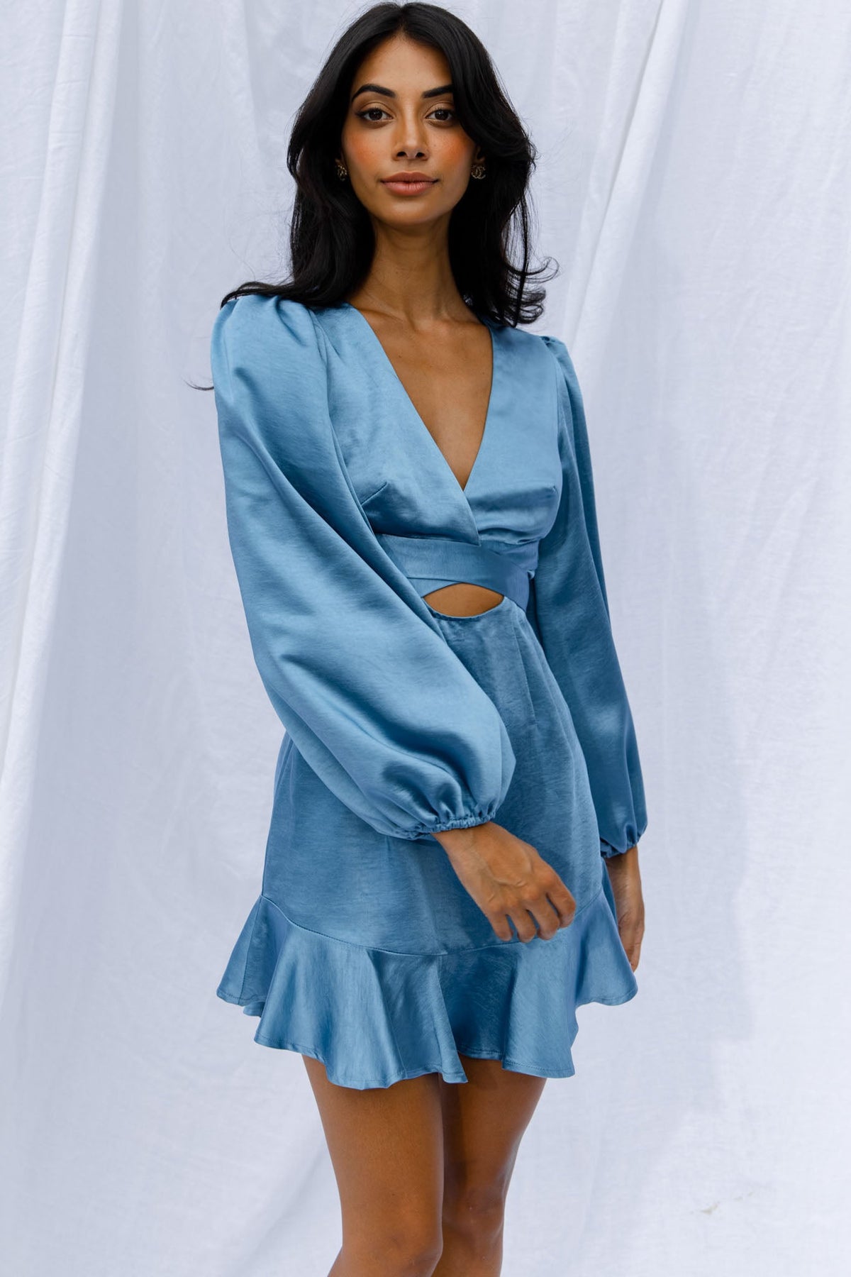 Playa Vista Long Sleeve Frill Hem Dress Blue