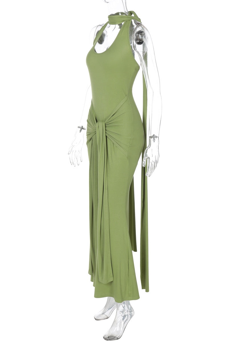 Halter Green Fitted Long Dress
