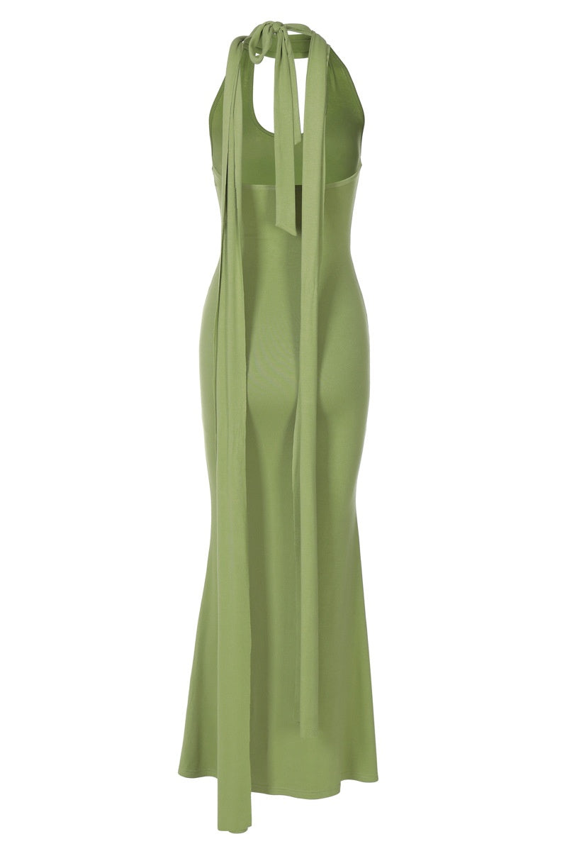 Halter Green Fitted Long Dress