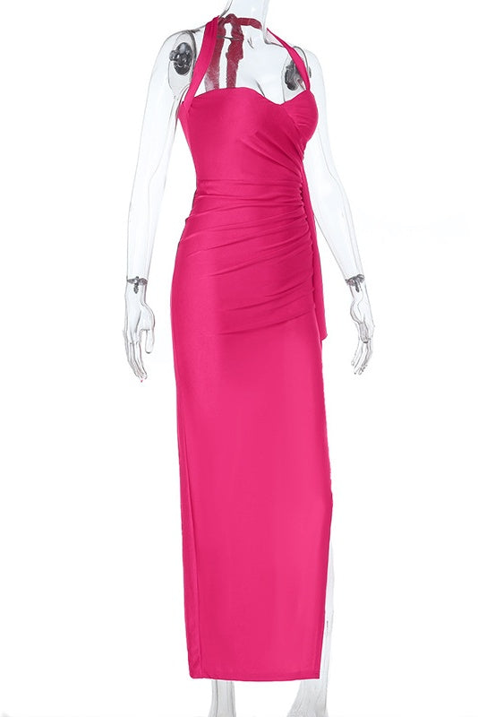 Halter Hot Pink Ruched Fitted Long Dress