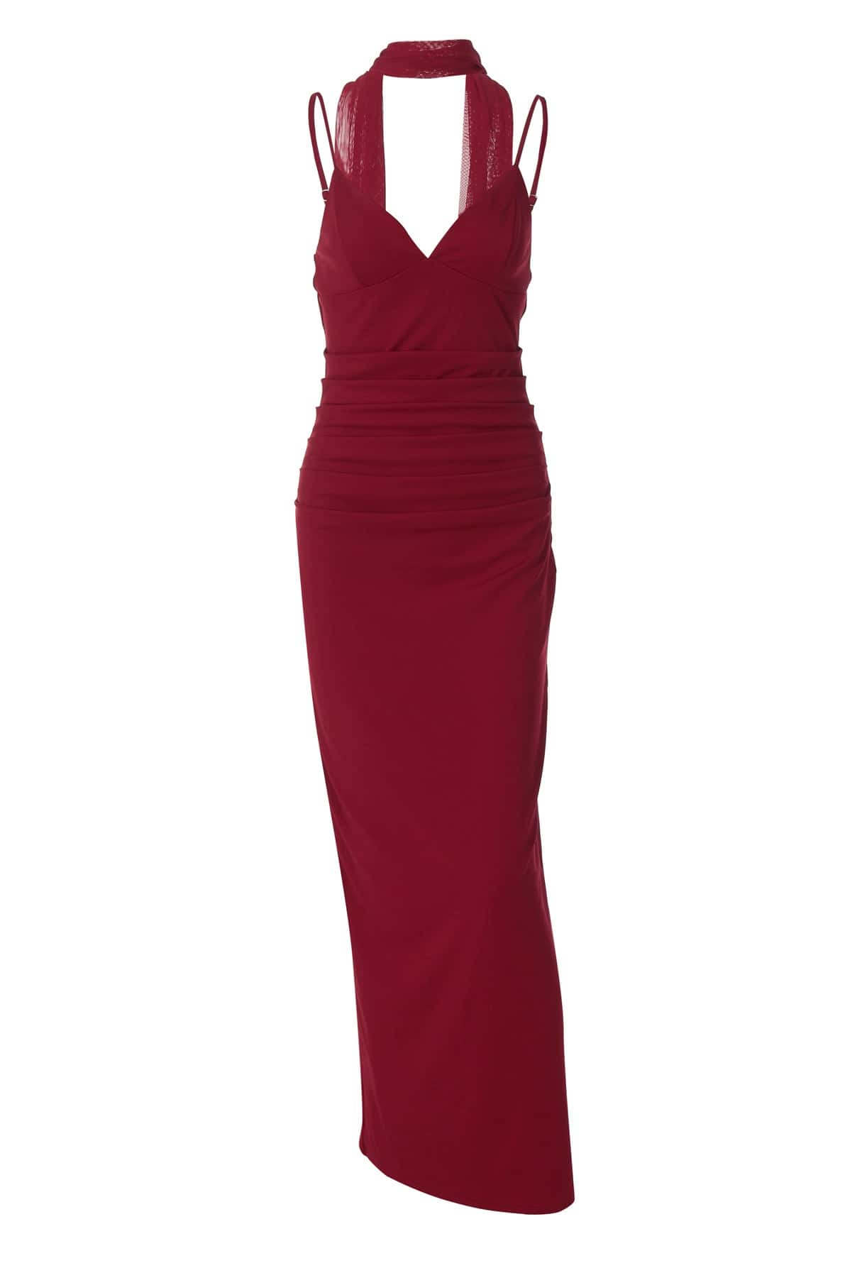 Wine Red V Neck Fitted Long Maxi Dress