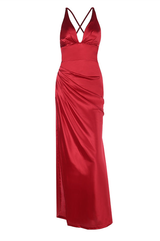 Plunge Red Ruched Long Dress with Slit