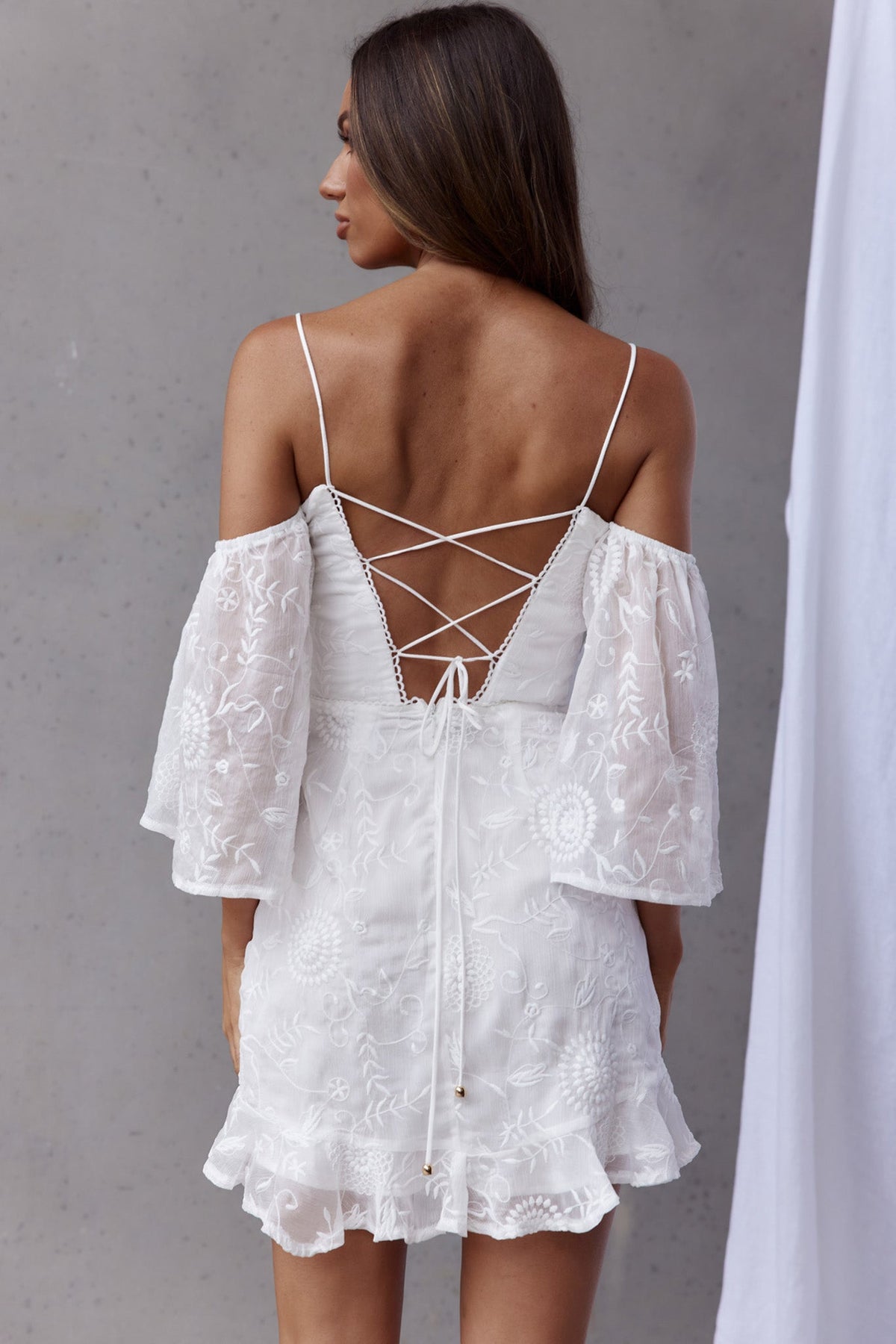Koda Bell Sleeve Lace-Up Back Mini Dress White