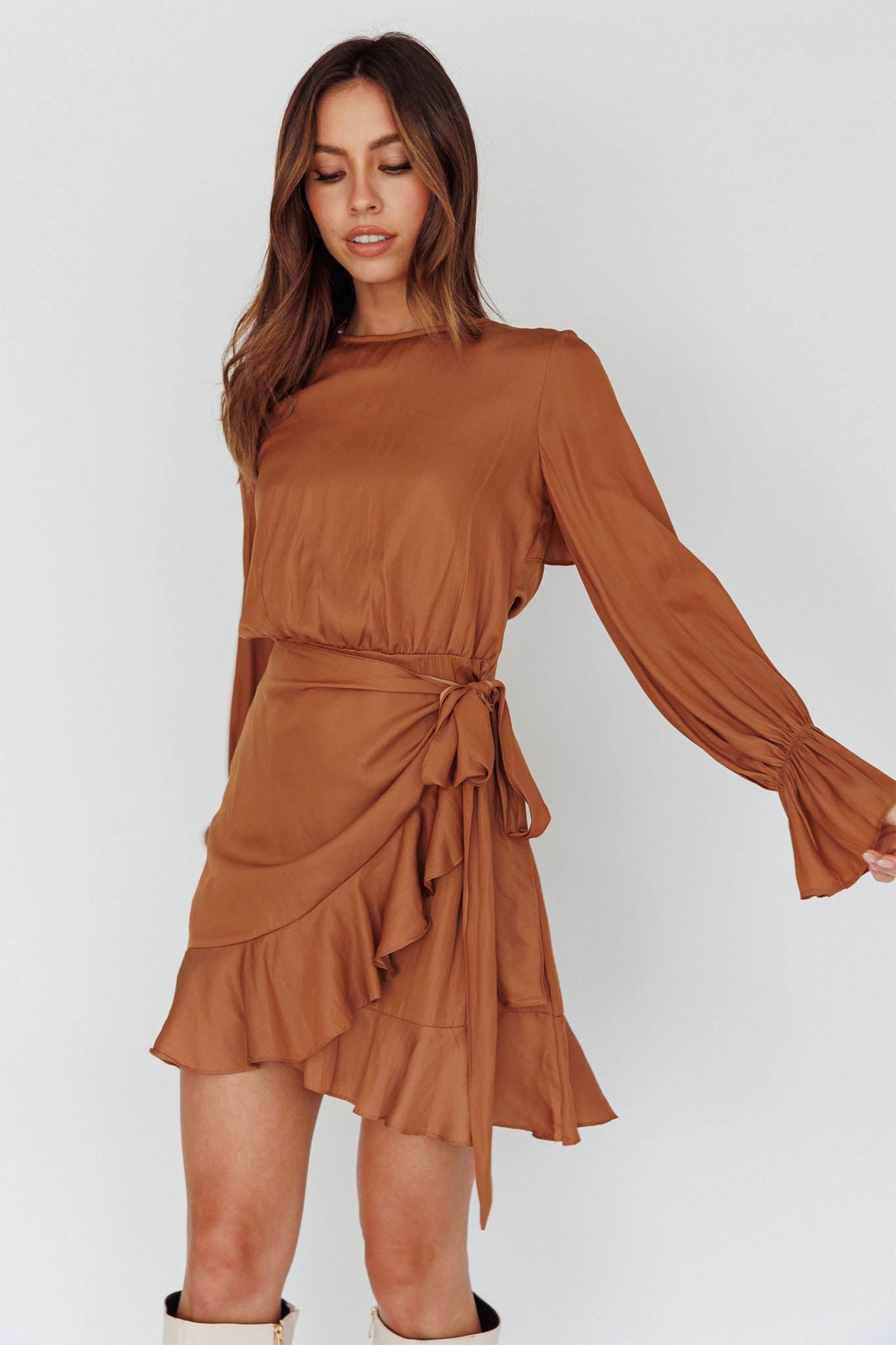 Darla Long Sleeve Satin Dress Tan