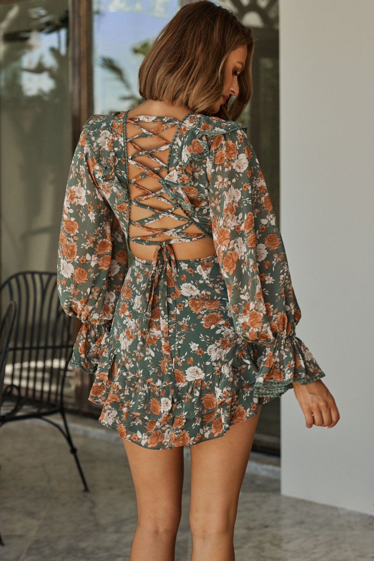 Charade Long Sleeve Corset Back Dress Floral Print Mint