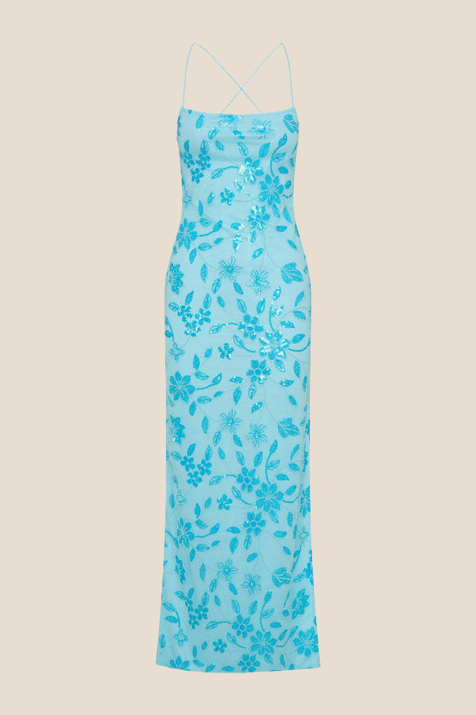 Spaghetti Straps Blue Beaded Long Dress with Slit