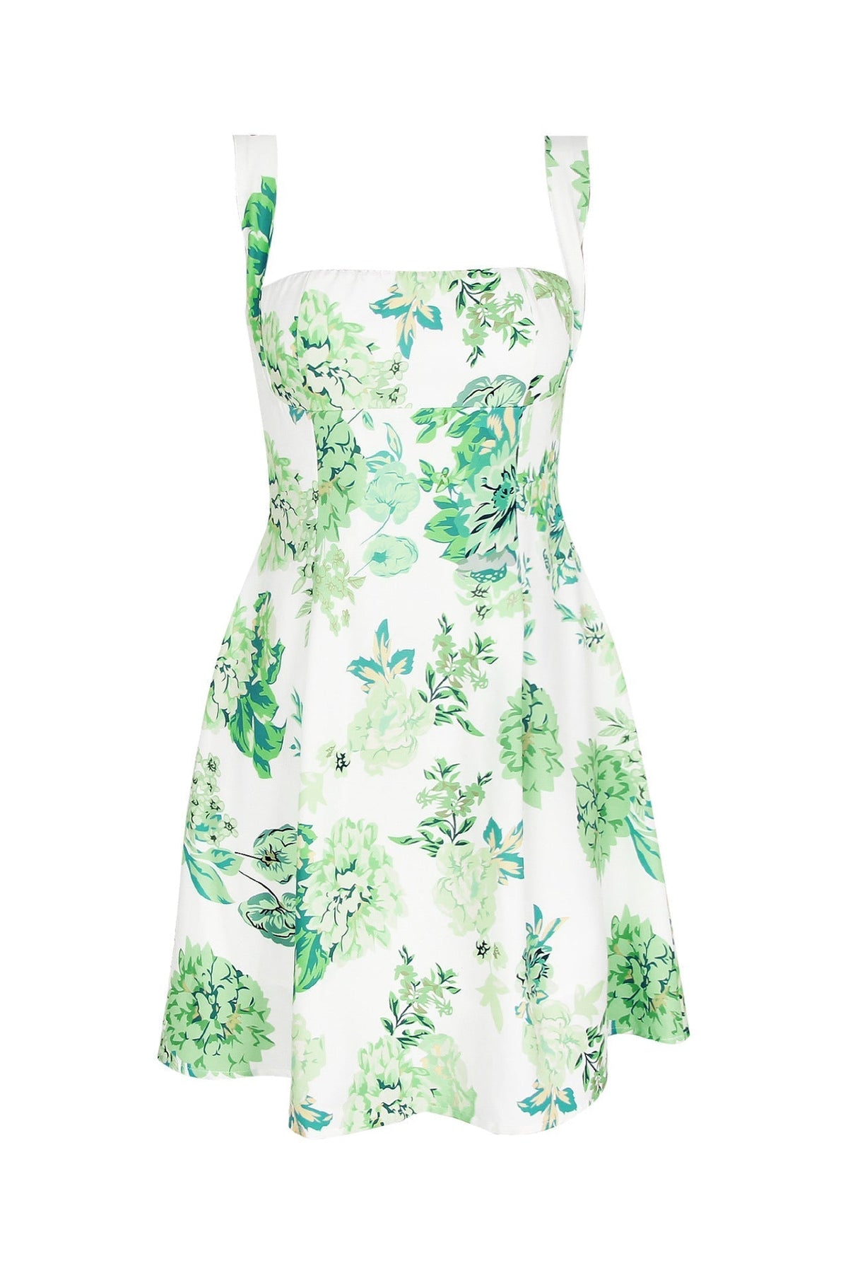 Square Neck Green Floral A-line Short Dress