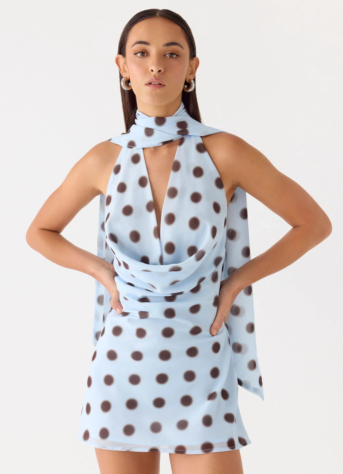 Get Me Halter Mini Dress - Blue Mocha Dot