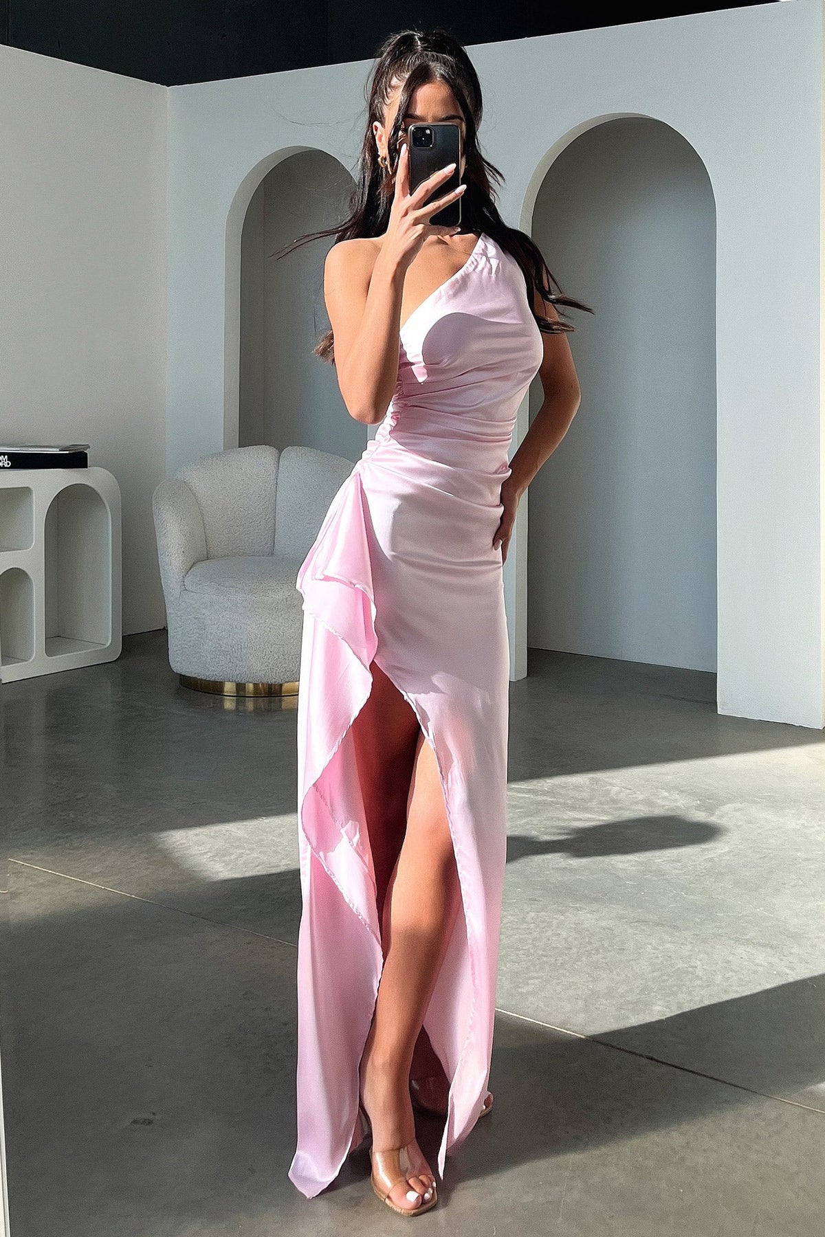 Elianna One Shoulder Satin Maxi Dress - Pink