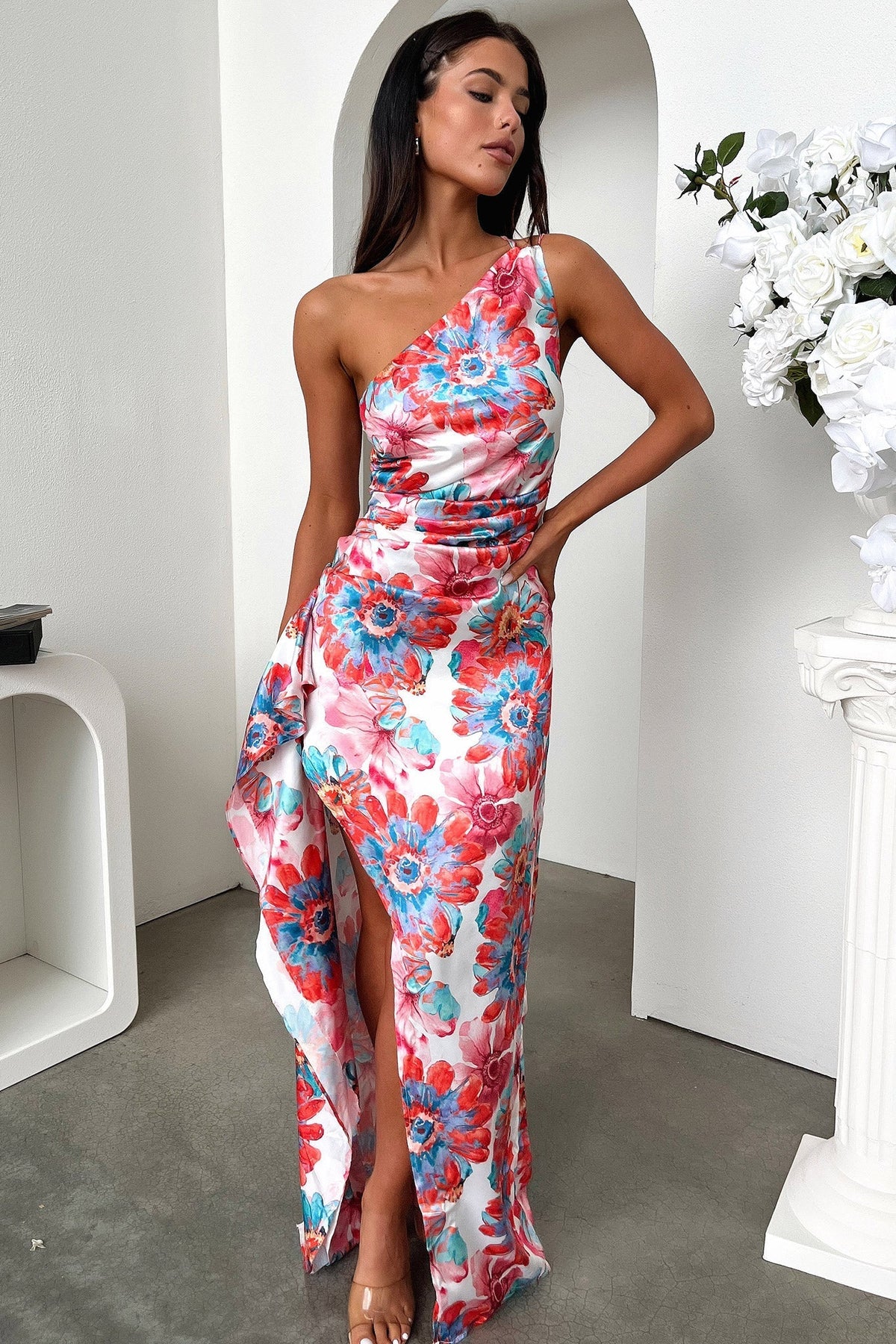 Elianna One Shoulder Satin Maxi Dress - Pink Floral