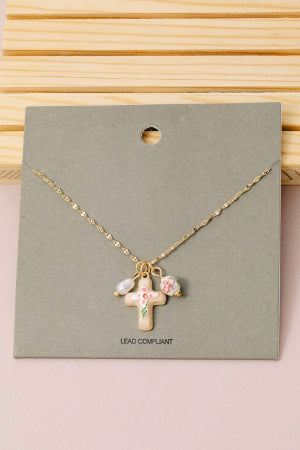 Enamel Cross and Ceramic Floral Necklace