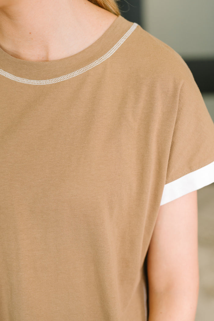 Feel Alright  Two Tone Contrast in Mocha – soft jersey knit with stretch, dolman sleeve top – alternate view 2