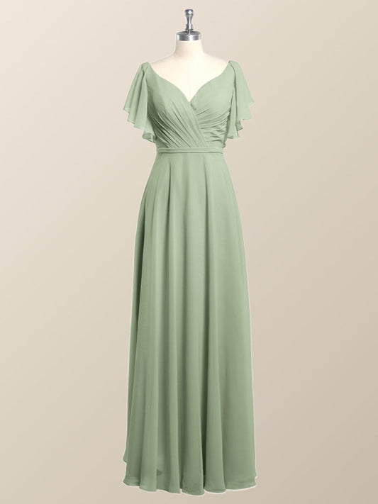 Flutter Sleeves Sage Green Chiffon A-line Long Bridesmaid Dress
