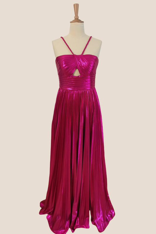 Halter Fuchsia Pleated Metallic Long Dress