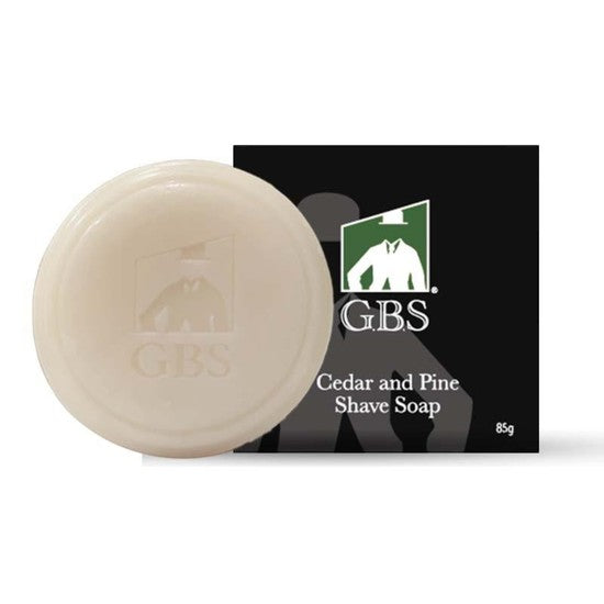 Tea-Shirt Shoppe GBS natural hard shaving soap in Cedar and Pine scent with embossed logo branding.