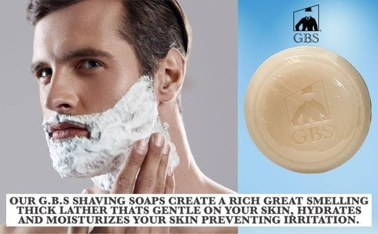 Tea-Shirt Shoppe GBS natural hard shaving soap puck for rich lather and skin hydration, shown with a clean-shaven man.