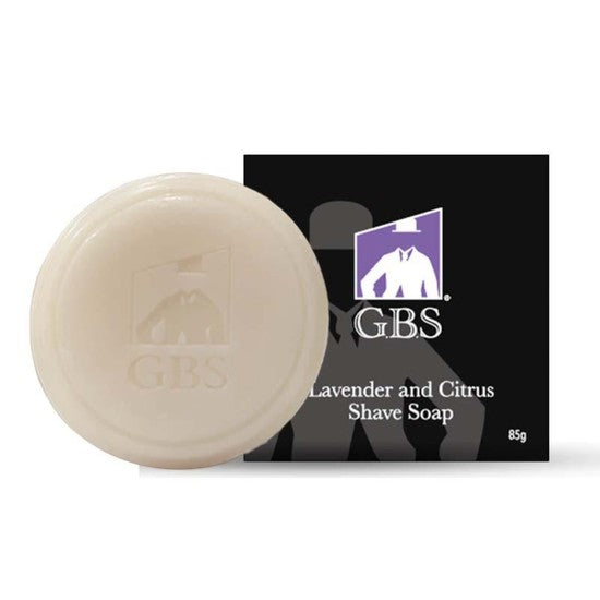 Tea-Shirt Shoppe GBS natural hard shaving soap in Lavender and Citrus scent with embossed logo branding.