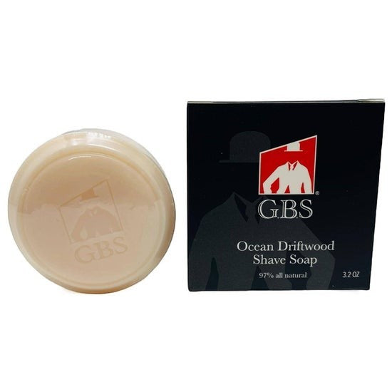 Tea-Shirt Shoppe GBS Ocean Driftwood all-natural hard shaving soap puck and black branded packaging box
