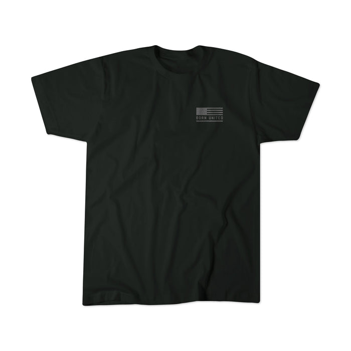 The Honey Badgerin black T-shirt by Born United Private Label features a small American flag and Born United text on the left chest, shown against a plain white background.