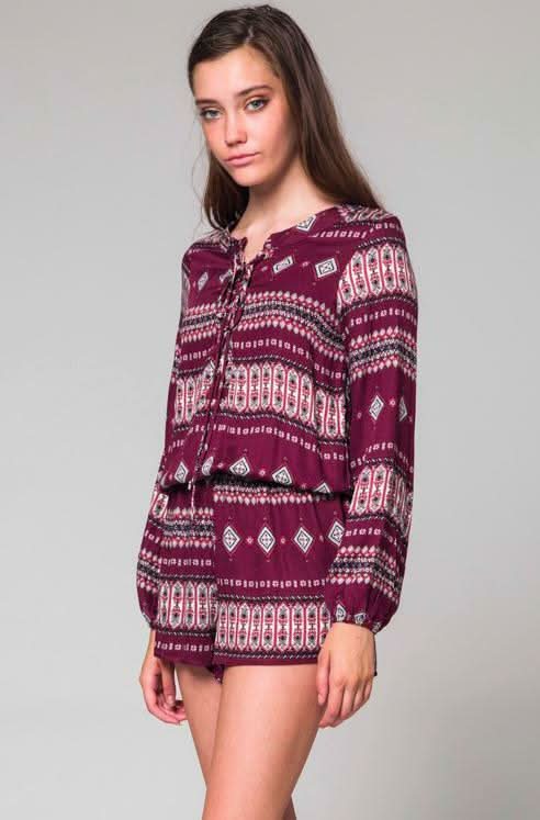 What's Happening Burgundy Boho Print Long Sleeve Romper