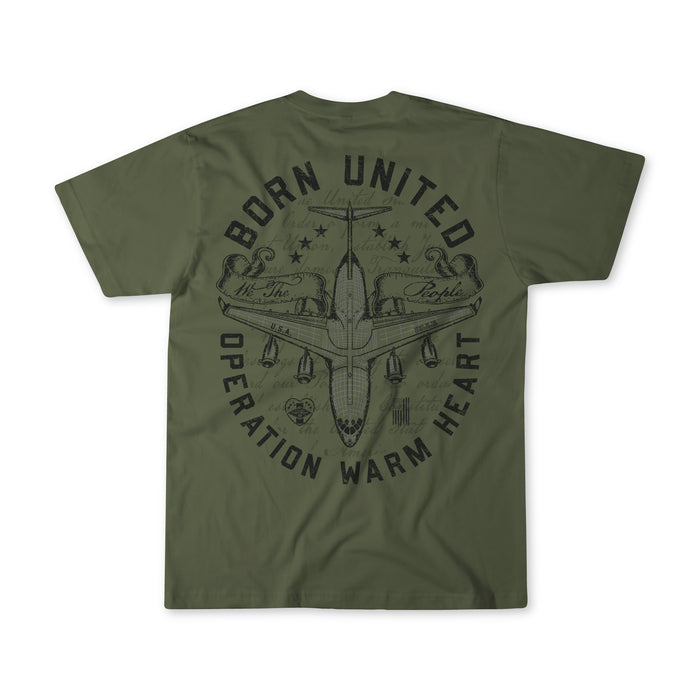The Born United Private Label Operation Warm Heart-Olive tee features a military jet graphic on the back with "BORN UNITED" above and "OPERATION WARM HEART" below—show your pride for our heroes in this bold limited edition design.