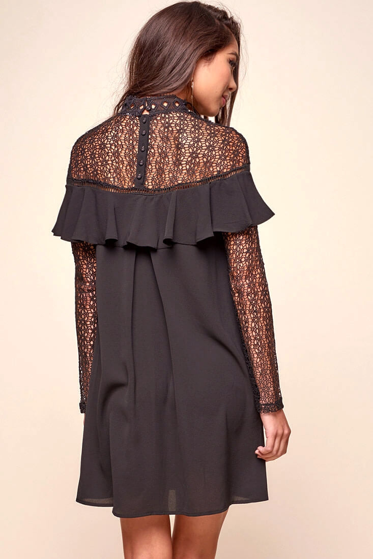 Mendes Lace Detailed High Neck Long Sleeved Dress Black