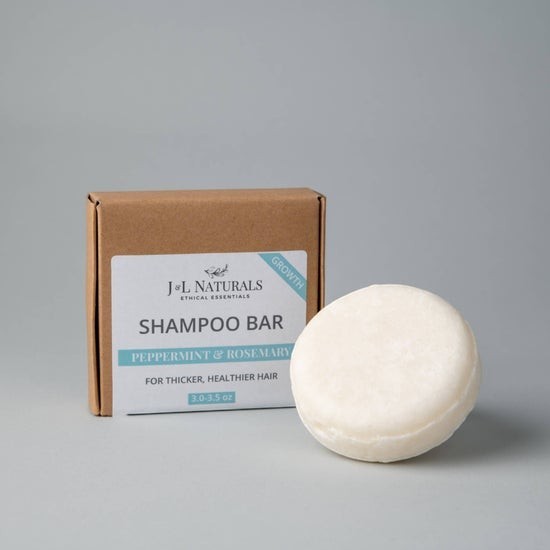 Tea-Shirt Shoppe J&L Naturals peppermint and rosemary growth shampoo bar with eco-friendly cardboard packaging.