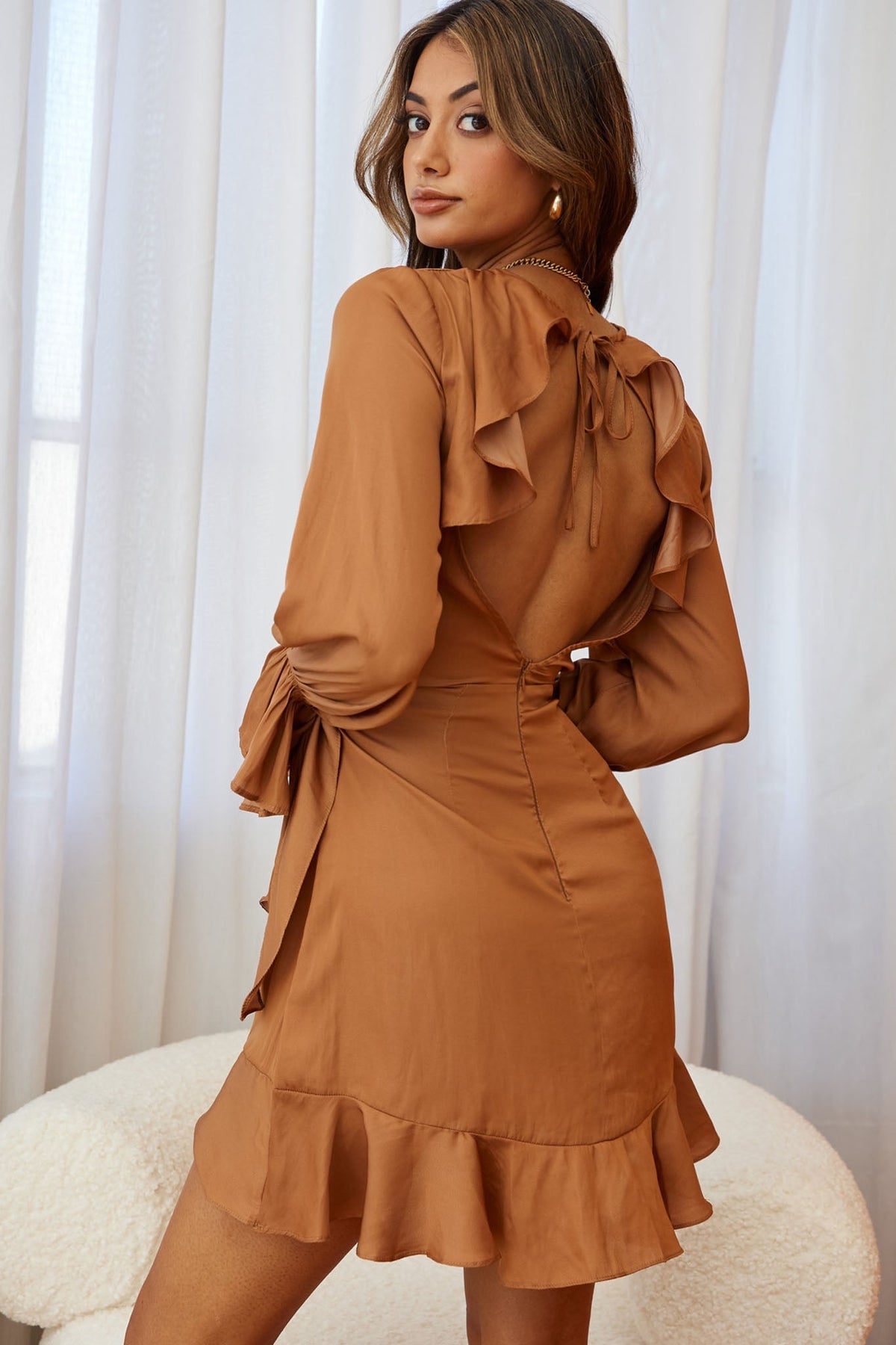 Darla Long Sleeve Satin Dress Tan