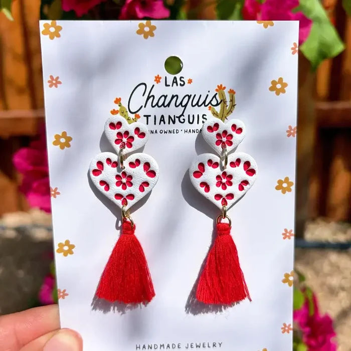 Talavera Polymer Clay Heart with Tassels Earrings