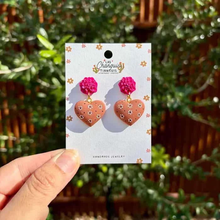 Terra Cotta Floral Heart Drop Earrings